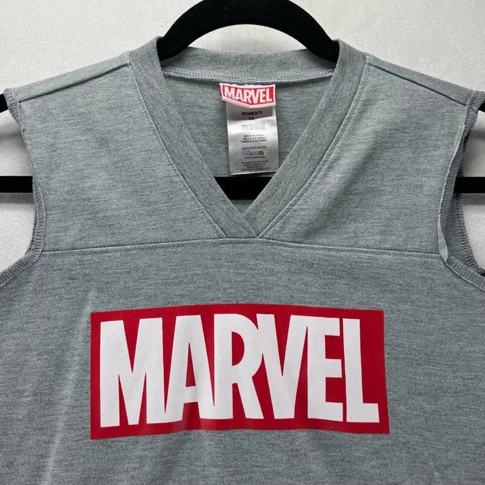 Marvel Tank Top Womens Size XS Spell Out Logo V-Neck Sleeveless Jersey Gray - Picture 3 of 9